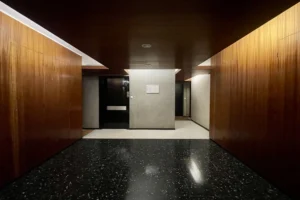 Parties communes d’un immeuble des années 1960 à Paris 12 Reuilly Diderot, hall d’entrée avec habillage bois et sol en terrazzo.