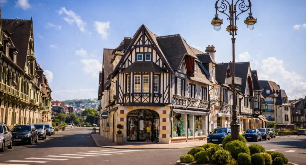 Architecture normande à colombages à Deauville avec commerces et immeubles de caractère sur la Côte Fleurie en Normandie