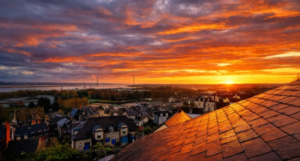 Vue panoramique sur Honfleur au coucher du soleil avec toits de la ville et estuaire de la Seine en Normandie
