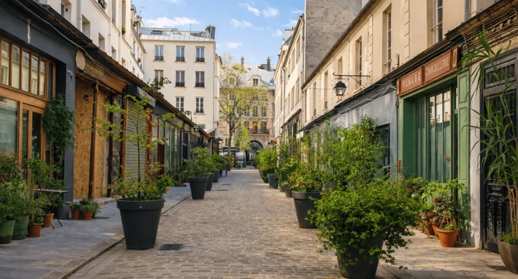 Passage du Désir au 84 rue du Faubourg Saint-Denis à Paris 10, ruelle pavée avec commerces de proximité et ambiance piétonne végétalisée