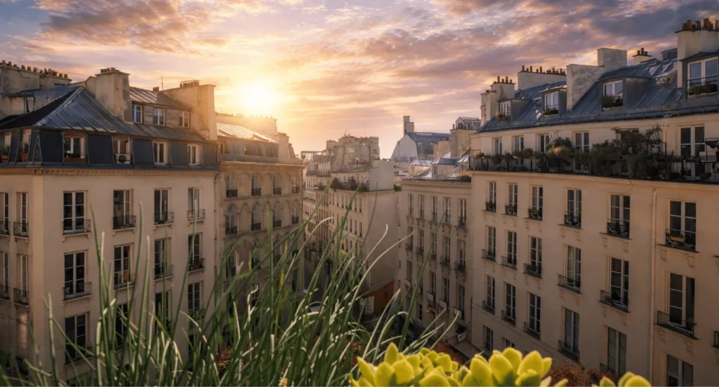 Vue sur les toits et immeubles anciens de la rue d’Aboukir dans le quartier Sentier Montorgueil à Paris 2, lumière de fin de journée, environnement résidentiel et central – Quality Street Immobilier