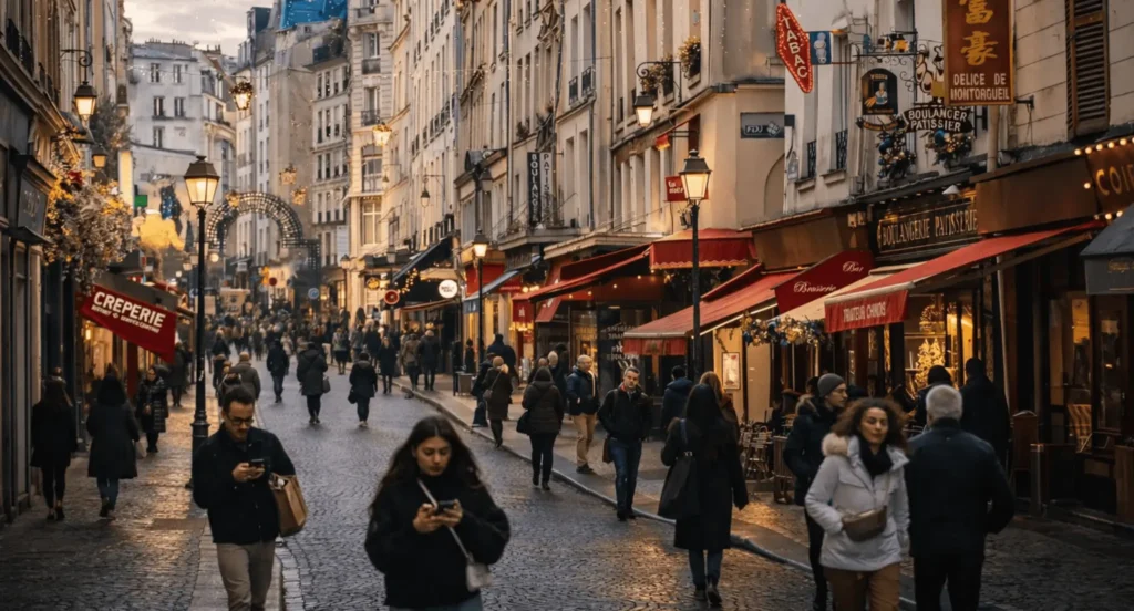 Rue Montorgueil animée dans le quartier Sentier Montorgueil à Paris 2, commerces de bouche, terrasses et vie piétonne, cadre de vie recherché – Quality Street Immobilier