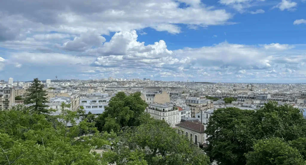 Vue panoramique sur les toits de Paris depuis la butte Montmartre dans le 18e arrondissement avec végétation au premier plan