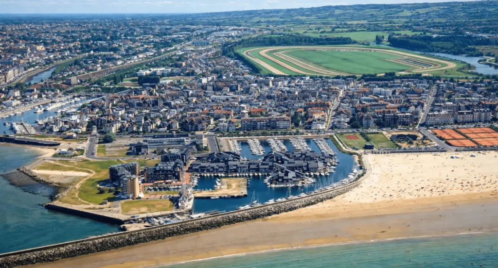 Vue aérienne de la Marina de Deauville avec le port de plaisance, la plage et la ville de Deauville sur la Côte Fleurie en Normandie.